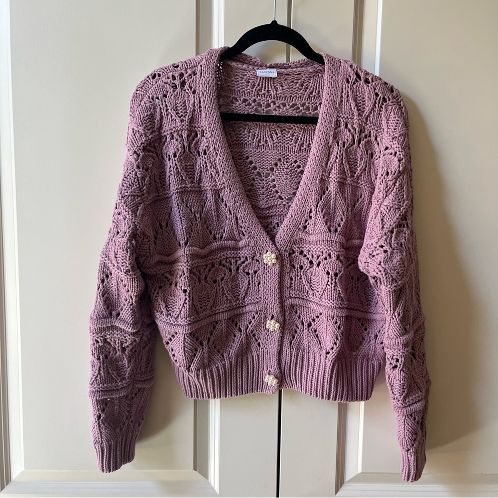 NWOT Lascana Pearl Button Crochet Cardigan Sweater in Mauve size 8-10 - Picture 6 of 16